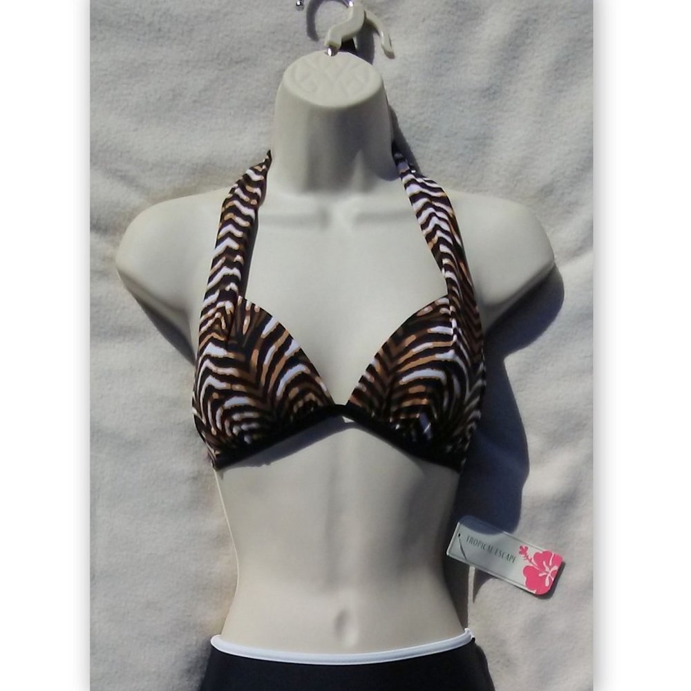 Tropical Escape Size 10 Black Brown & White Print Halter Tie Womens Bikini Top